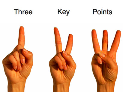 Slide showing three hands with fingers held up to mark three key points of the presentation