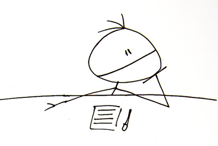 Drawing of stick man thinking, with notepad in front of him.