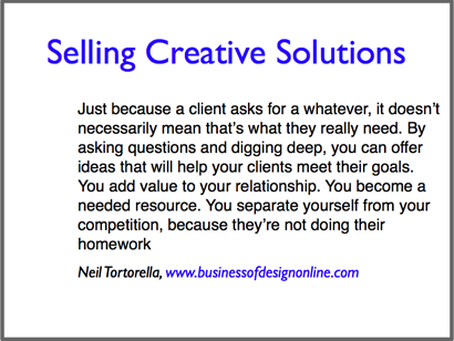 Slide featuring a long quotation in small font about dealing with graphic design clients.